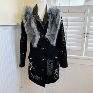 Tricotto Black & Silver Rhinestone Faux Fur Trim Mid-Length Jacket Size Small